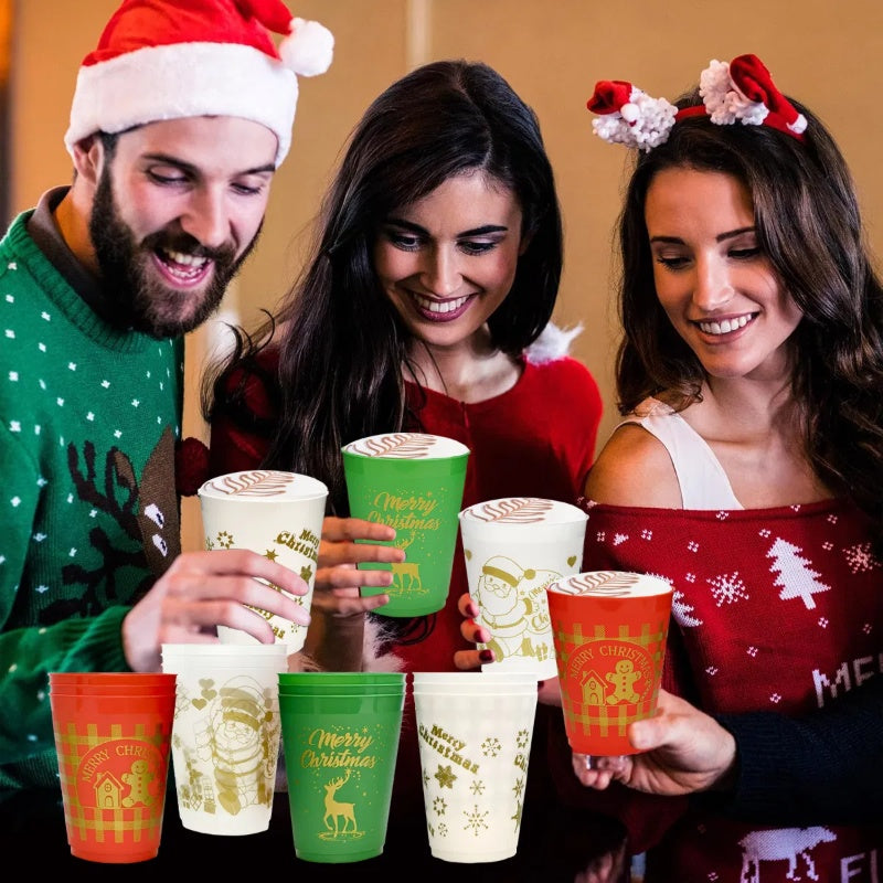 12 Pcs Christmas Plastic Tumblers Gingerbread Man Santa Reindeer Pattern 16 Oz Reusable Drink Cups Cute Beverage Cups For Beer Coffee Tea Xmas Holiday Party Supplies
