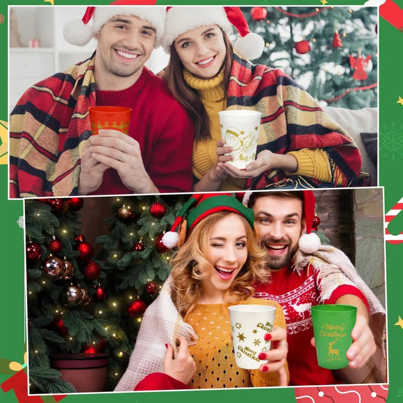 12 Pcs Christmas Plastic Tumblers Gingerbread Man Santa Reindeer Pattern 16 Oz Reusable Drink Cups Cute Beverage Cups For Beer Coffee Tea Xmas Holiday Party Supplies