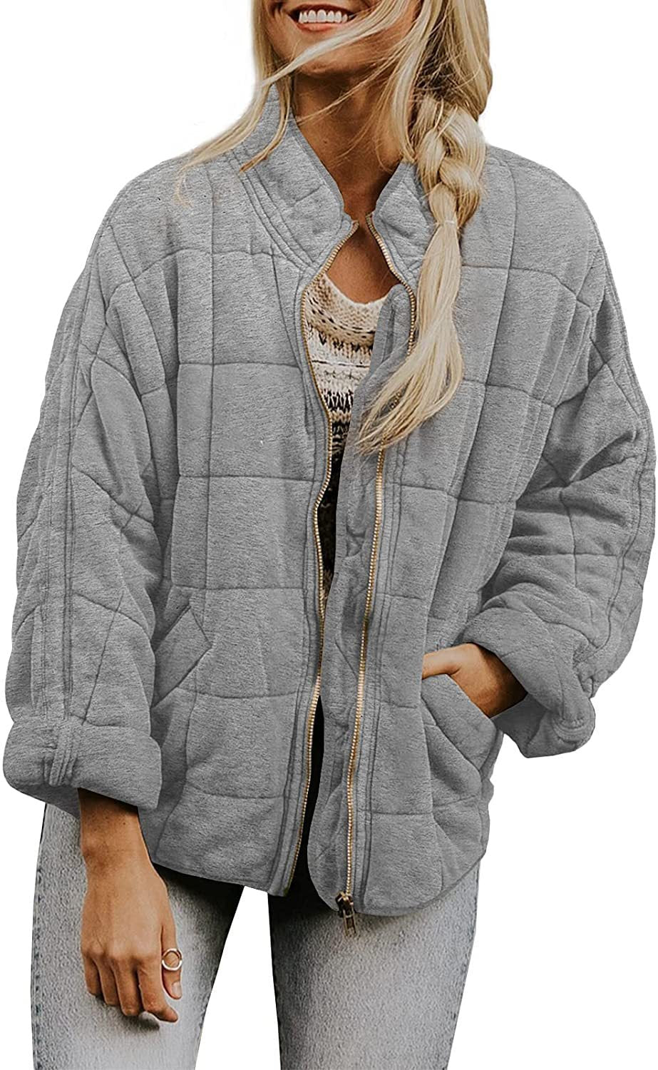 Hestiay Winter Zip-up  Collar  With Pockets Fashion Solid Color Plaid Long Sleeved Jacket Women's Clothing #hestiay