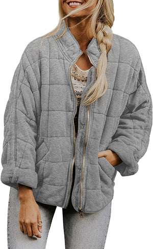 Hestiay Winter Zip-up  Collar  With Pockets Fashion Solid Color Plaid Long Sleeved Jacket Women's Clothing #hestiay
