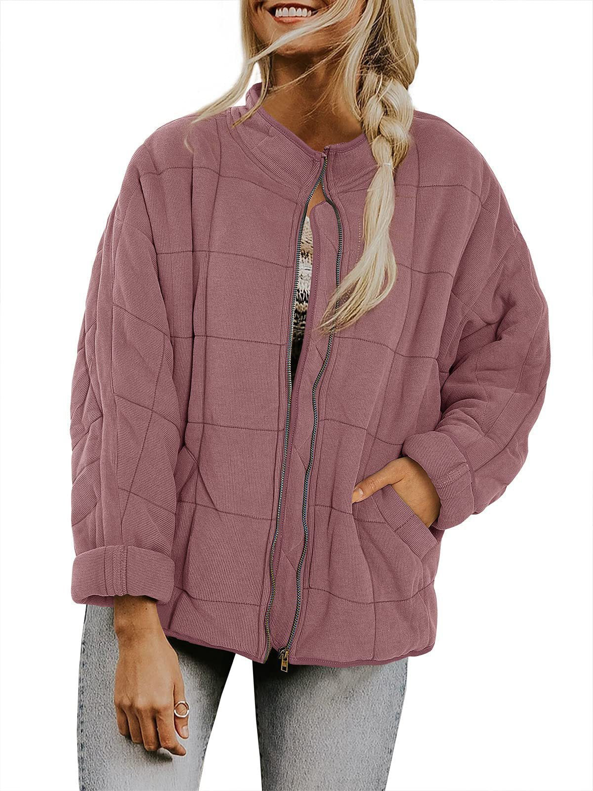 Hestiay Winter Zip-up  Collar  With Pockets Fashion Solid Color Plaid Long Sleeved Jacket Women's Clothing #hestiay
