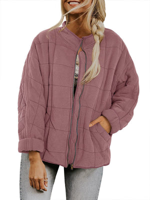 Hestiay Winter Zip-up  Collar  With Pockets Fashion Solid Color Plaid Long Sleeved Jacket Women's Clothing #hestiay