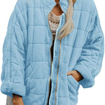 Hestiay Winter Zip-up  Collar  With Pockets Fashion Solid Color Plaid Long Sleeved Jacket Women's Clothing #hestiay