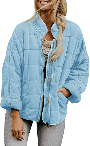 Hestiay Winter Zip-up  Collar  With Pockets Fashion Solid Color Plaid Long Sleeved Jacket Women's Clothing #hestiay