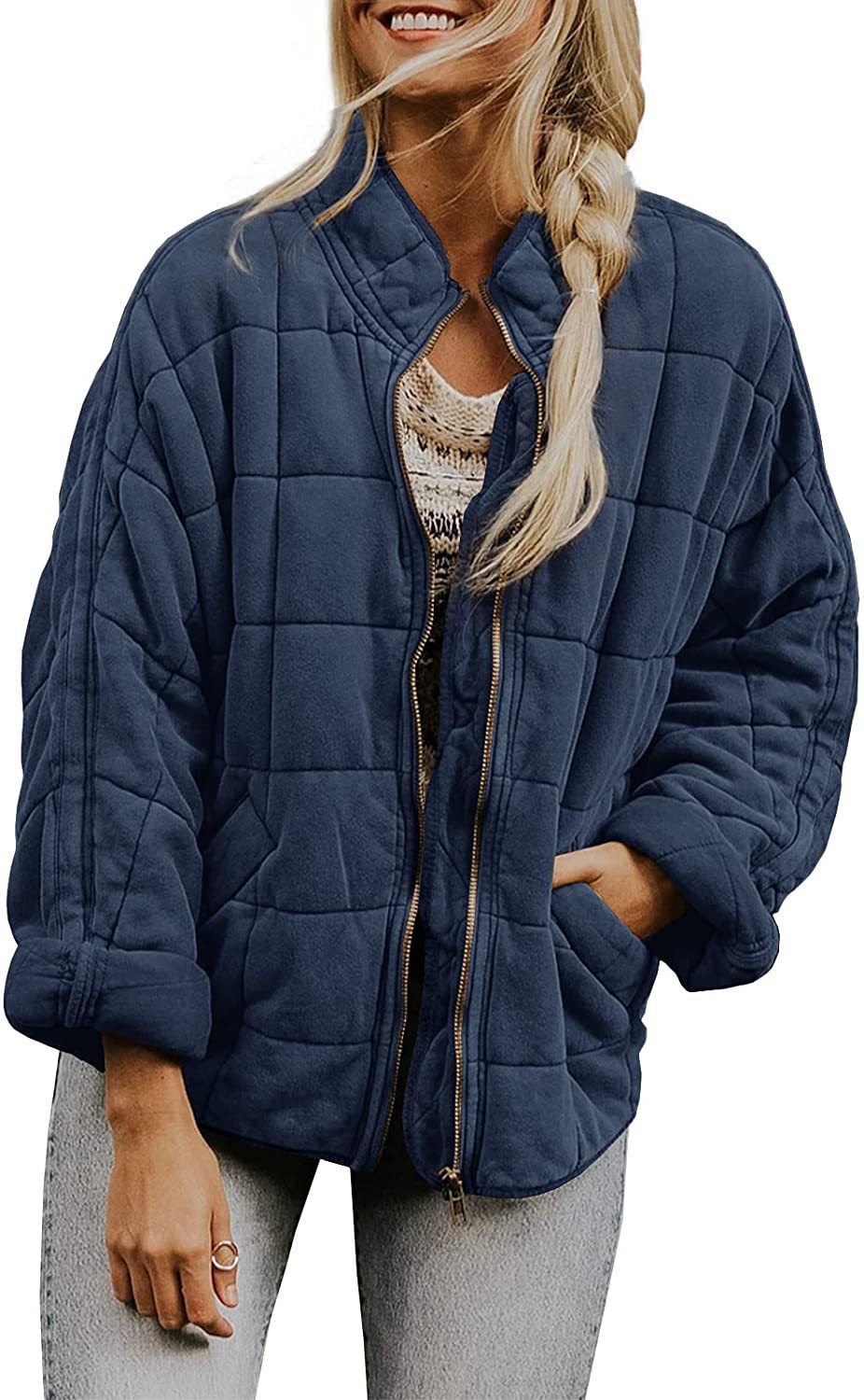 Hestiay Winter Zip-up  Collar  With Pockets Fashion Solid Color Plaid Long Sleeved Jacket Women's Clothing #hestiay