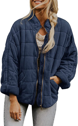 Hestiay Winter Zip-up  Collar  With Pockets Fashion Solid Color Plaid Long Sleeved Jacket Women's Clothing #hestiay