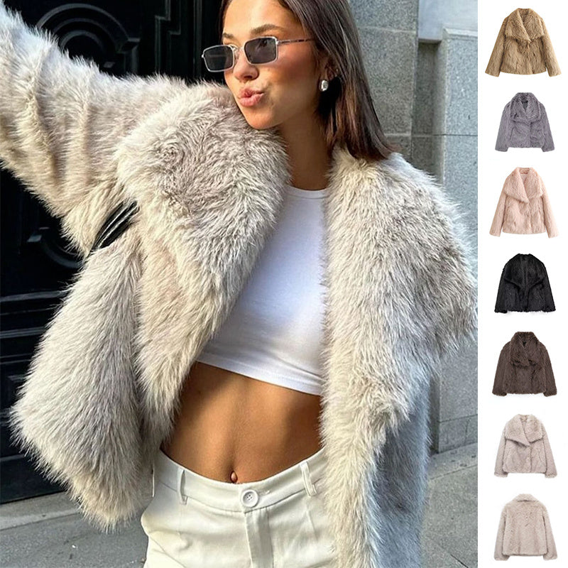 Winter Plush Coat Fashion Warm Thicken Fluffy Lapel Jacket Outwear Casual Long Sleeve Tops Womens Clothing Trendsi