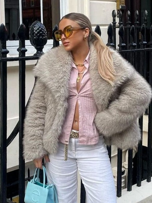 Winter Plush Coat Fashion Warm Thicken Fluffy Lapel Jacket Outwear Casual Long Sleeve Tops Womens Clothing Trendsi