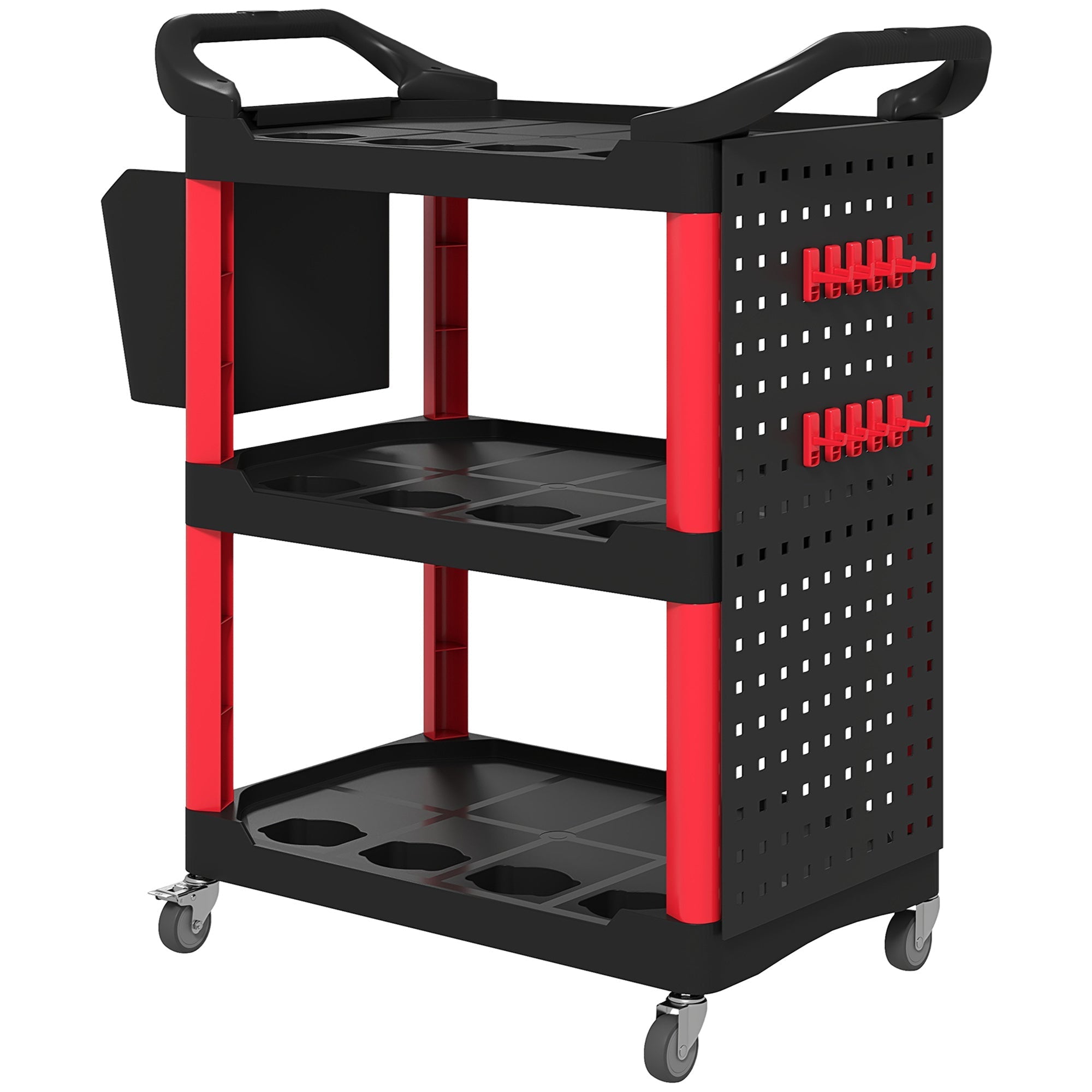 Hestiay 3-Tier Rolling Tool Cart, 200 LBS Capacity Plastic Utility Cart With Side Shelf And Storage Bucket, Black & Red #hestiay