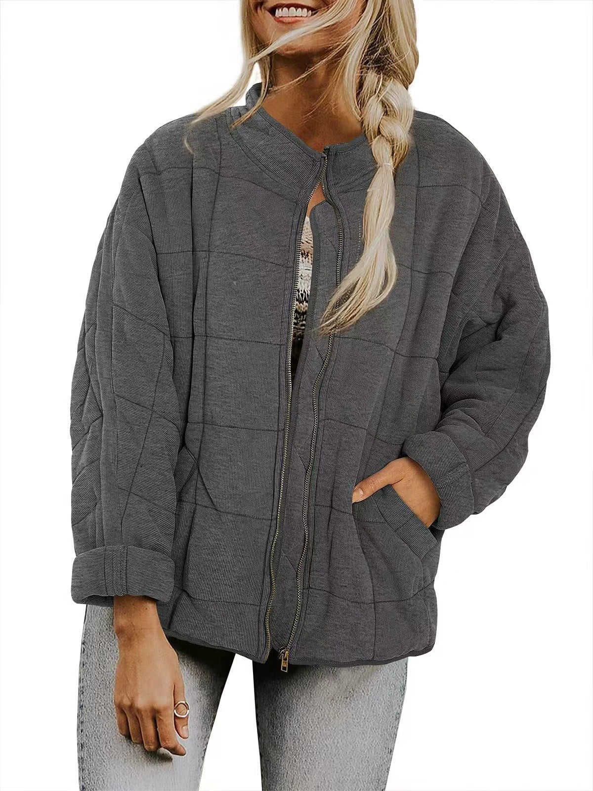 Hestiay Winter Zip-up  Collar  With Pockets Fashion Solid Color Plaid Long Sleeved Jacket Women's Clothing #hestiay
