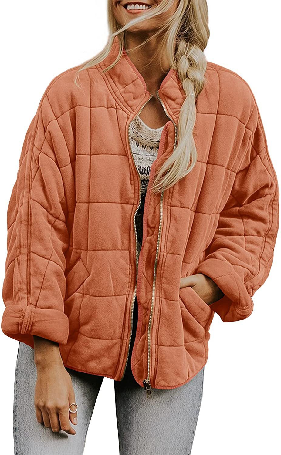 Hestiay Winter Zip-up  Collar  With Pockets Fashion Solid Color Plaid Long Sleeved Jacket Women's Clothing #hestiay