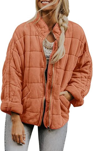 Hestiay Winter Zip-up  Collar  With Pockets Fashion Solid Color Plaid Long Sleeved Jacket Women's Clothing #hestiay