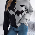 Fall And Winter Halloween Spooky Pumpkin Contrast Long Sleeve Pullover Sweater Women's Clothing
