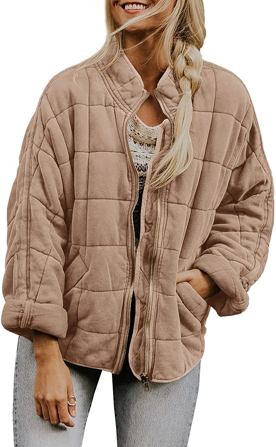 Hestiay Winter Zip-up  Collar  With Pockets Fashion Solid Color Plaid Long Sleeved Jacket Women's Clothing #hestiay