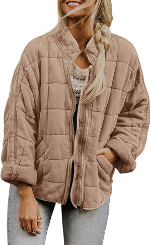Hestiay Winter Zip-up  Collar  With Pockets Fashion Solid Color Plaid Long Sleeved Jacket Women's Clothing #hestiay