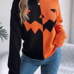 Fall And Winter Halloween Spooky Pumpkin Contrast Long Sleeve Pullover Sweater Women's Clothing