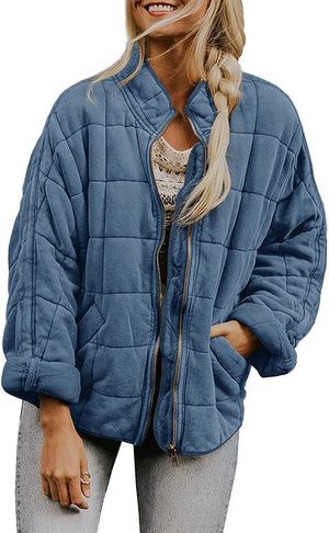 Hestiay Winter Zip-up  Collar  With Pockets Fashion Solid Color Plaid Long Sleeved Jacket Women's Clothing #hestiay