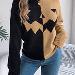 Fall And Winter Halloween Spooky Pumpkin Contrast Long Sleeve Pullover Sweater Women's Clothing