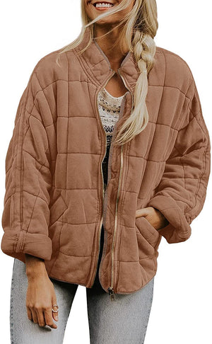 Hestiay Winter Zip-up  Collar  With Pockets Fashion Solid Color Plaid Long Sleeved Jacket Women's Clothing #hestiay