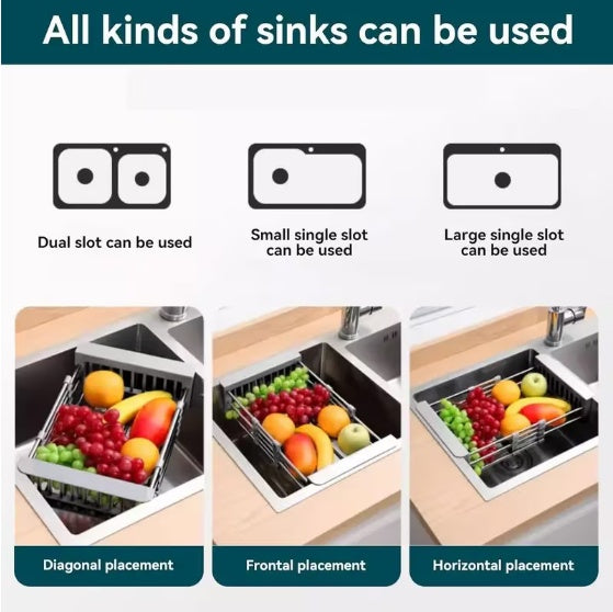 Adjustable Immersion Sink Dish Drying Rack With Stainless Steel Drain Basket - Portable And Retractable Space-Saving Fruit And Vegetable Solution