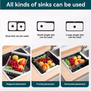 Adjustable Immersion Sink Dish Drying Rack With Stainless Steel Drain Basket - Portable And Retractable Space-Saving Fruit And Vegetable Solution
